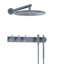 Vola thermostatic mixer with wall mounted shower head and hand shower